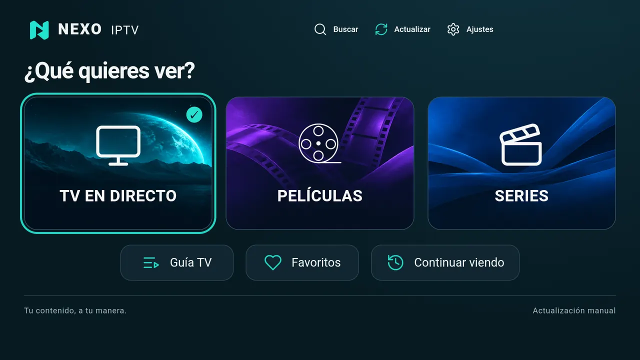 Pantalla de inicio de Nexo IPTV en un televisor