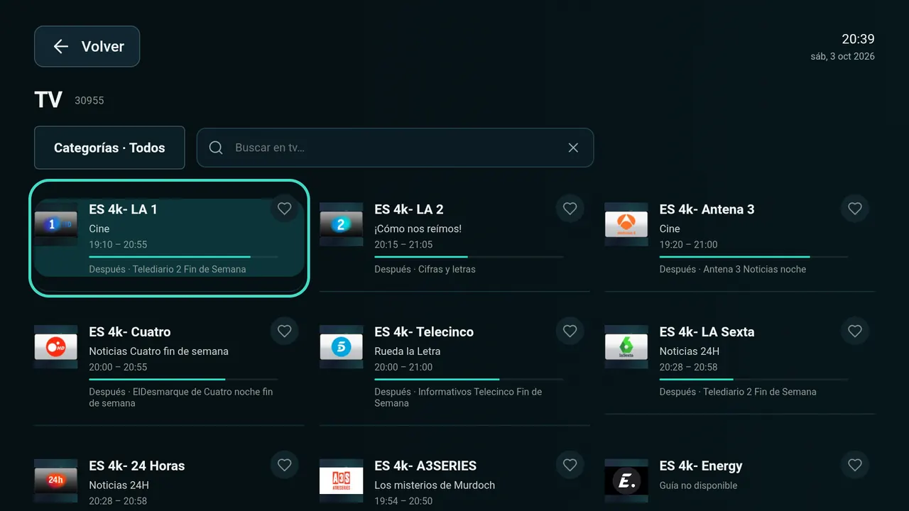 Nexo IPTV: TV en directo · interfaz TV
