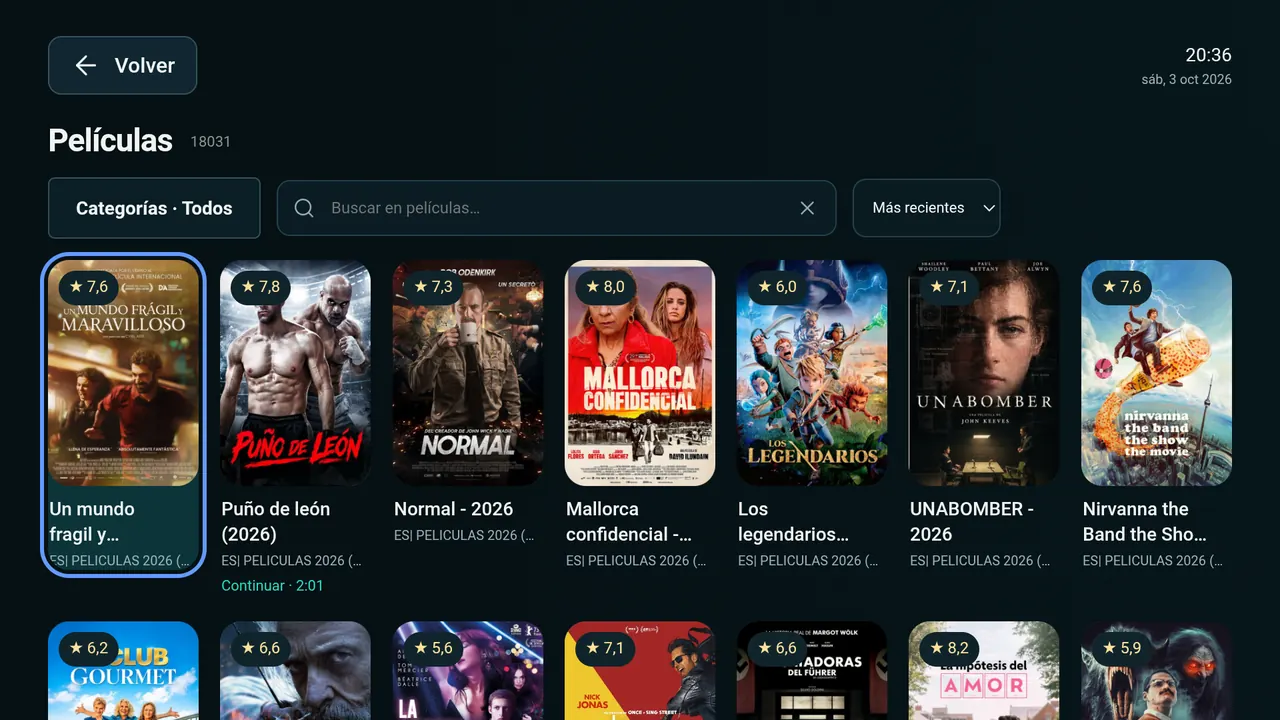 Nexo IPTV: Películas · interfaz TV